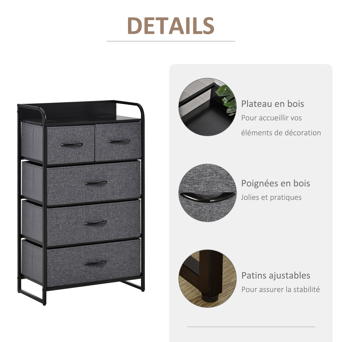 Commode Meuble de Rangement 5 tiroirs Pliables en Tissu 58 x 29 x 99 cm Gris-5