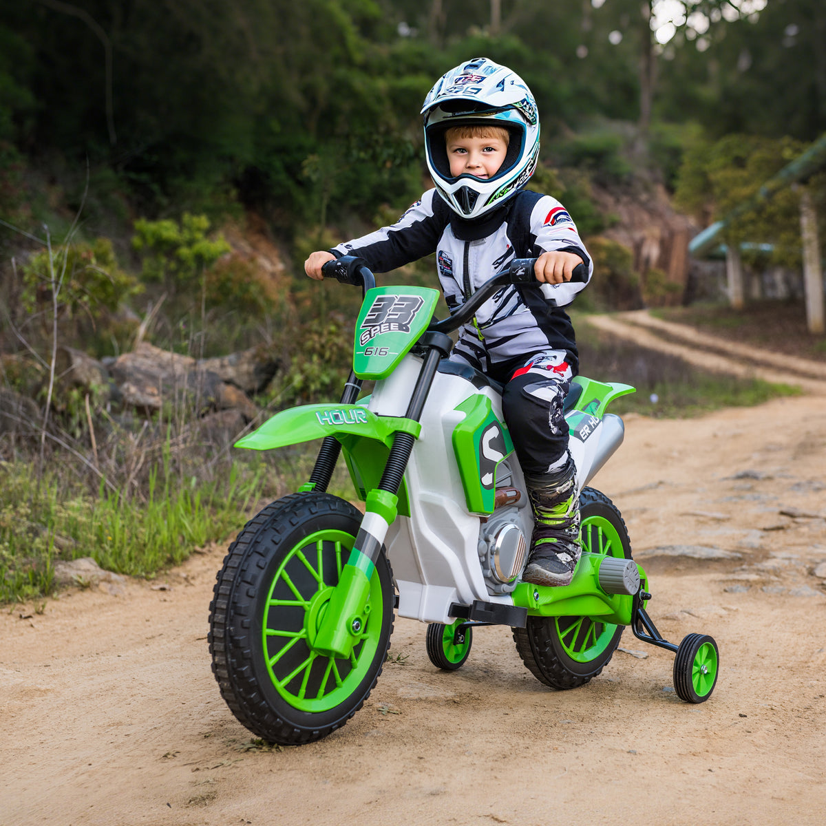 Moto Cross électrique pour Enfant 3 à 5 Ans 12 V 3-8 Km/h avec roulettes latérales Amovibles dim. 106,5L x 51,5l x 68H cm Vert-1