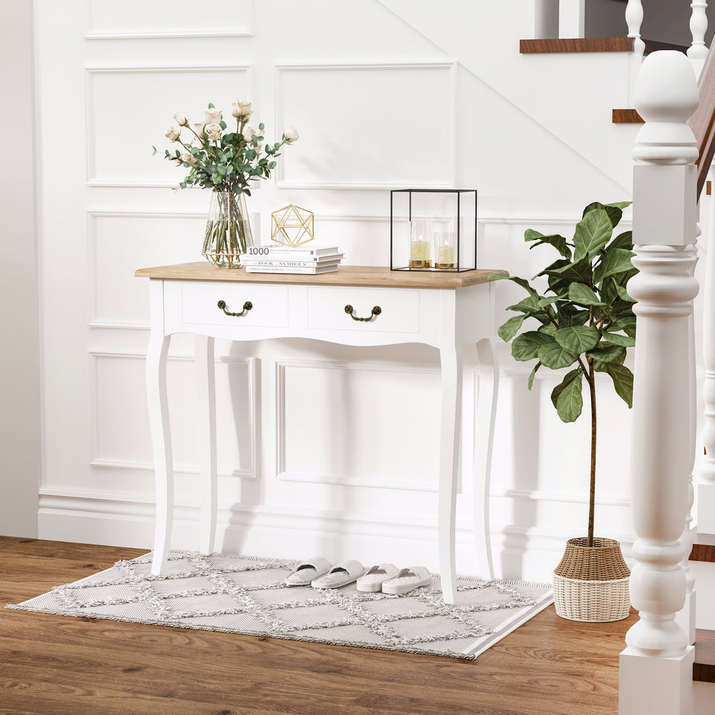 Table Console Table d'entrée Bout de Canapé Style Mexicain 2 tiroirs dim. 87L x 34l x 78H cm MDF Bois Massif pin Clair Blanc-1