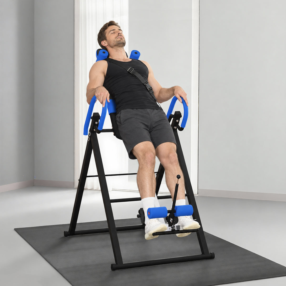 Table d'inversion de musculation pliable ceinture de sécurité réglable angle ajustable 3 niveaux 79x114x153cm bleu noir