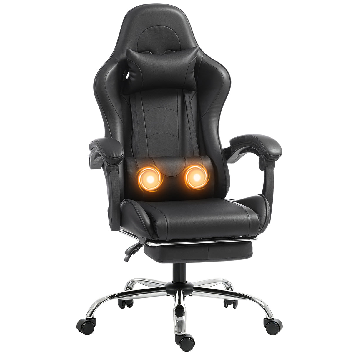 Chaise Gaming Ergonomique avec Coussin Lombaire Massant, Fauteuil Gaming Inclinable en Cuir Synthétique, Noir-0