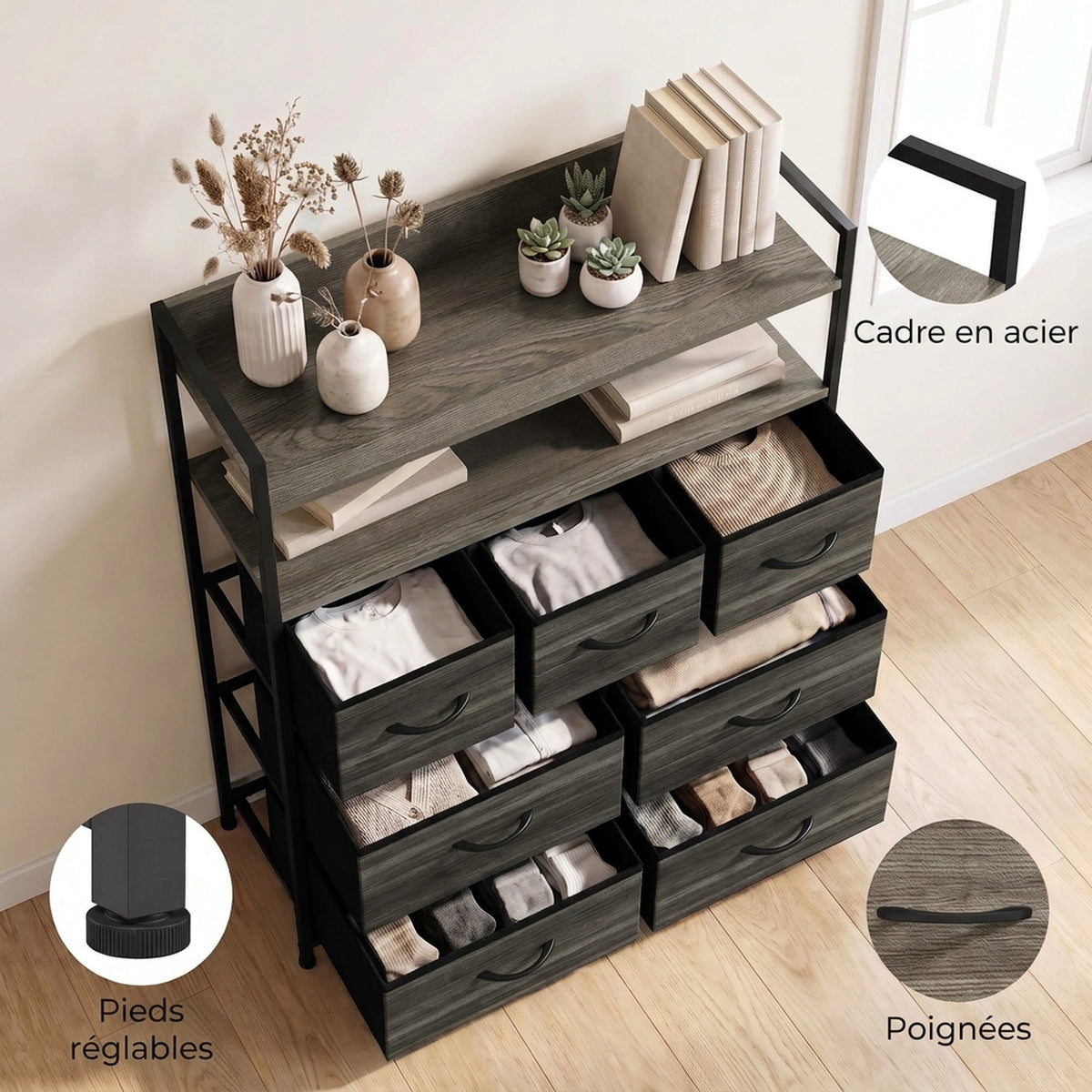 Meuble de rangement commode 7 tiroirs en tissu pliables et amovibles étagères ouvertes, gris-6
