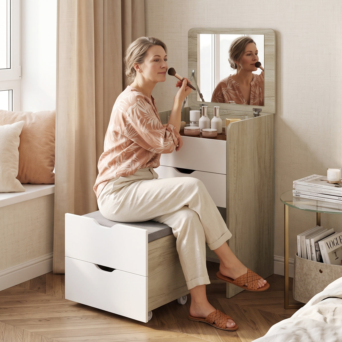 Coiffeuse avec miroir rabattable et tabouret de rangement, table de maquillage, 2 tiroirs, siège rembourré, chêne blanc-9