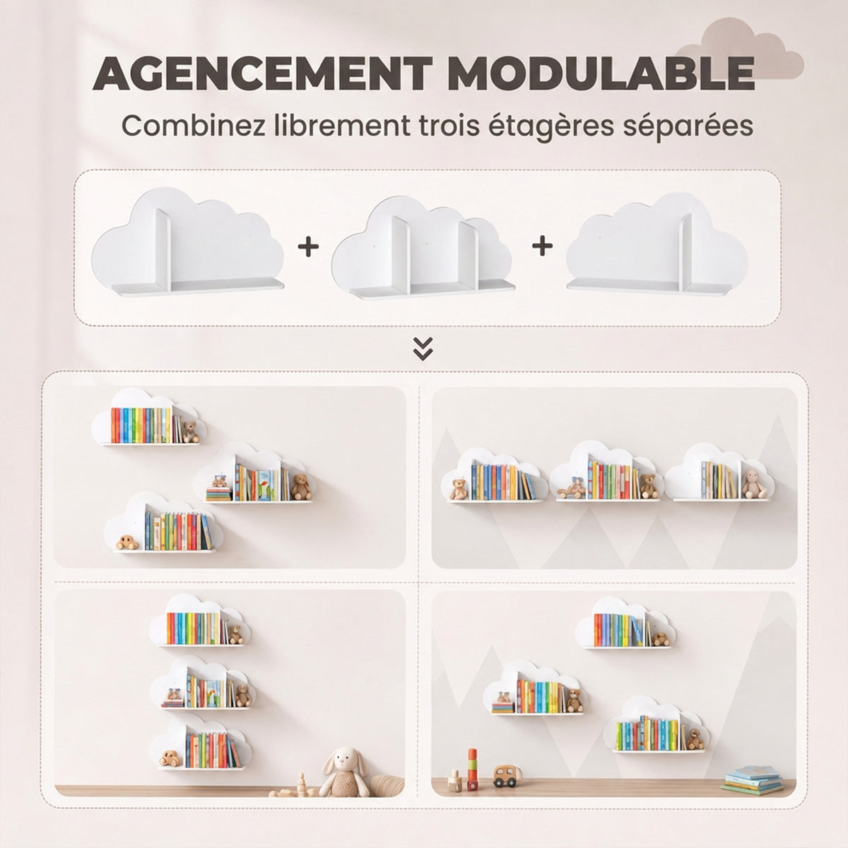 Lot de 3 Étagères à Livres Murales pour Enfant, Forme Nuage, Bibliothèque pour Enfants 3-8 ans, Blanc-4