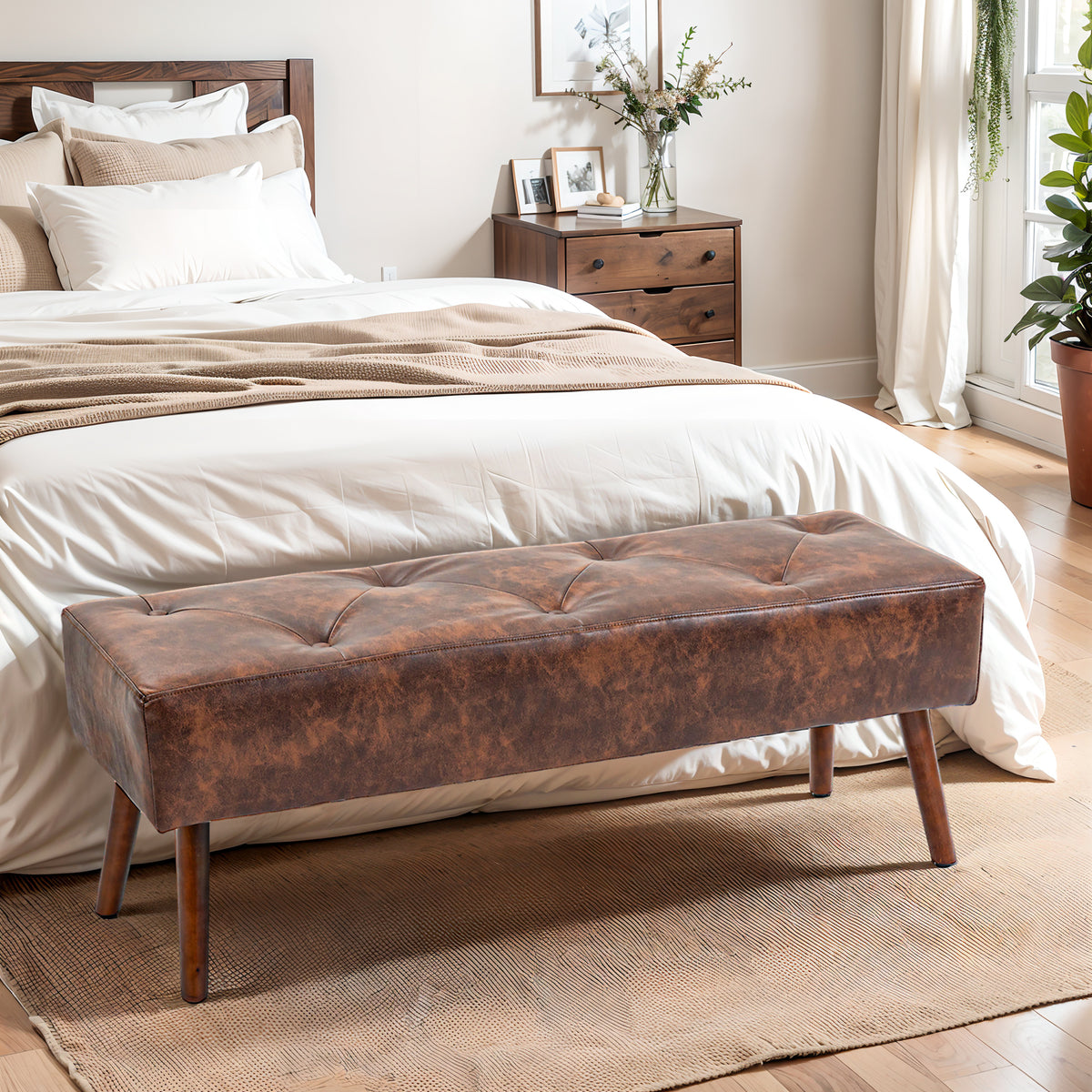 Banc bout de lit banquette capitonnée style vintage 114 x 38 x 42 cm piètement bois revêtement marron effet vieilli-1
