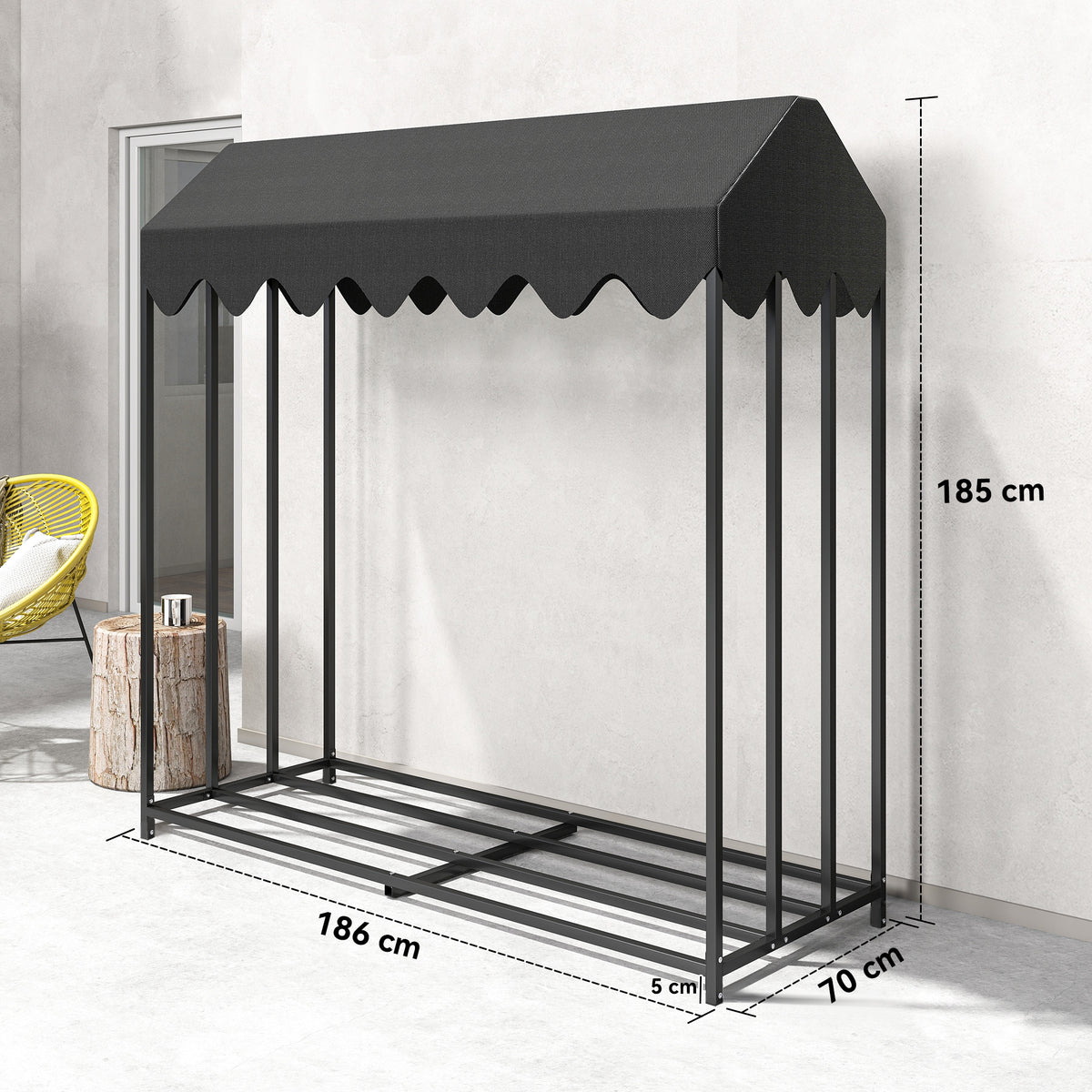 Range bûches extérieur, étagère à bûches avec housse de protection 600D Oxford capacité 1,9 m³, acier 186x70x185cm noir-2