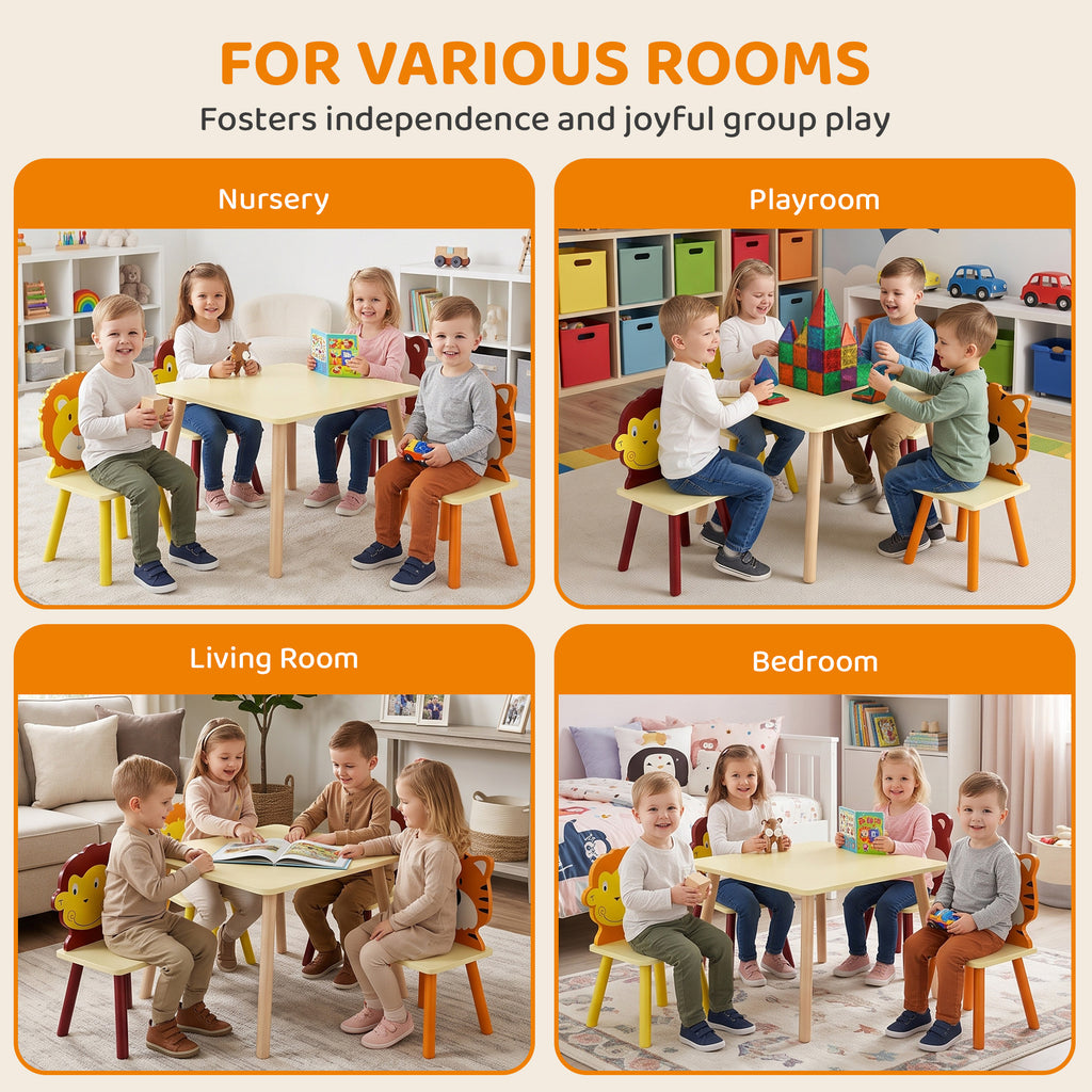 Ensembl Table pour Enfant avec 4 Chaises 5 Pièces en Bois, Dossier en Forme Animale, Coins Arrondis, 3-8 Ans, Jaune-8