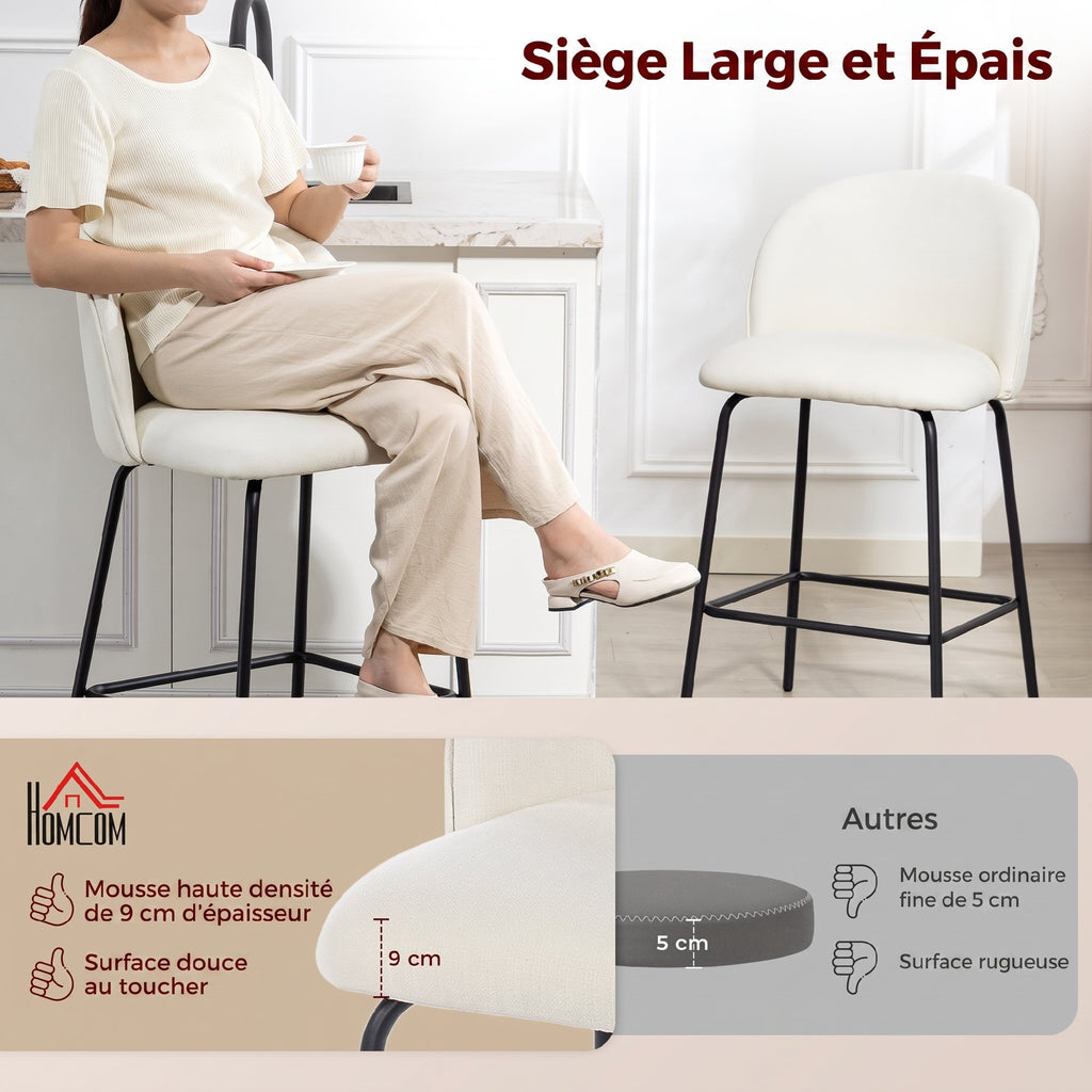 Lot de 2 Tabourets de Bar, Chaises de Bar, Repose-Pieds et Dossier, Tissu Effet Lin, Hauteur d'Assise 68cm, Crème-3