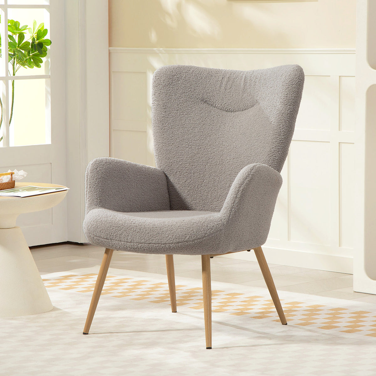 Fauteuil salon, fauteuil d'appoint rembourré en tissu bouclette avec haut dossier et accoudoirs, 71x74x97,5cm, gris-9