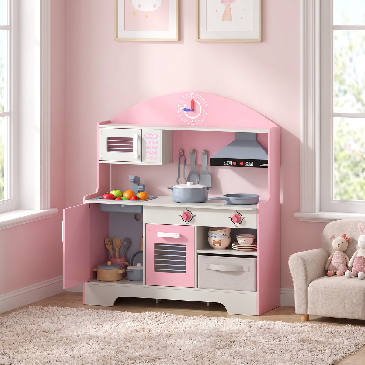 Cuisine Enfant avec Lumières et Sons, Cuisine de Jeu avec Tiroir en Tissu et 5 Accessoires, pour Enfants 3-6 Ans, Rose-8