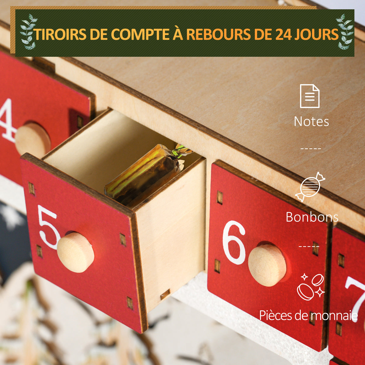 Calendrier de l'Avent LED, décorations de Noël en bois, 24 tiroirs à remplir, décoration lumineuse, rouge-4
