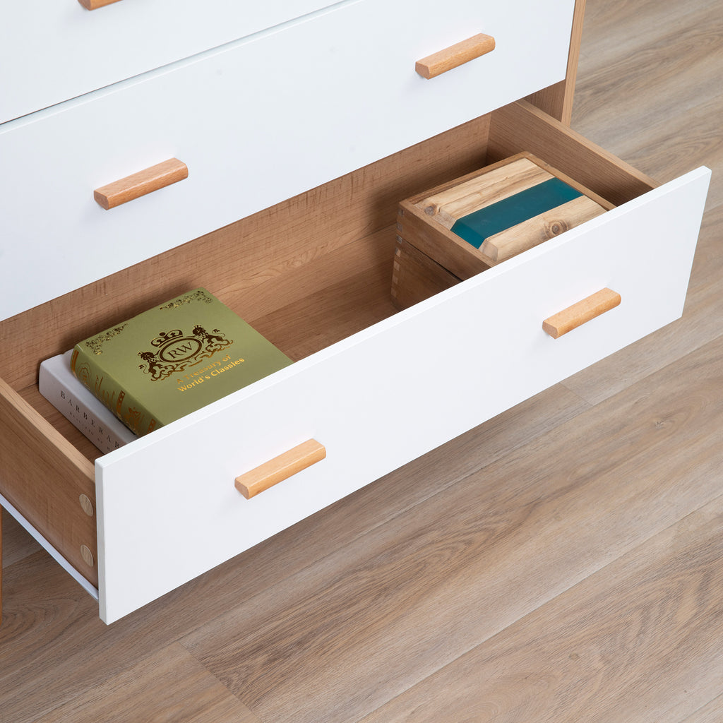 Commode Design scandinave 3 tiroirs coulissants Pieds effilés inclinés Panneaux Particules Aspect Bois Clair-9