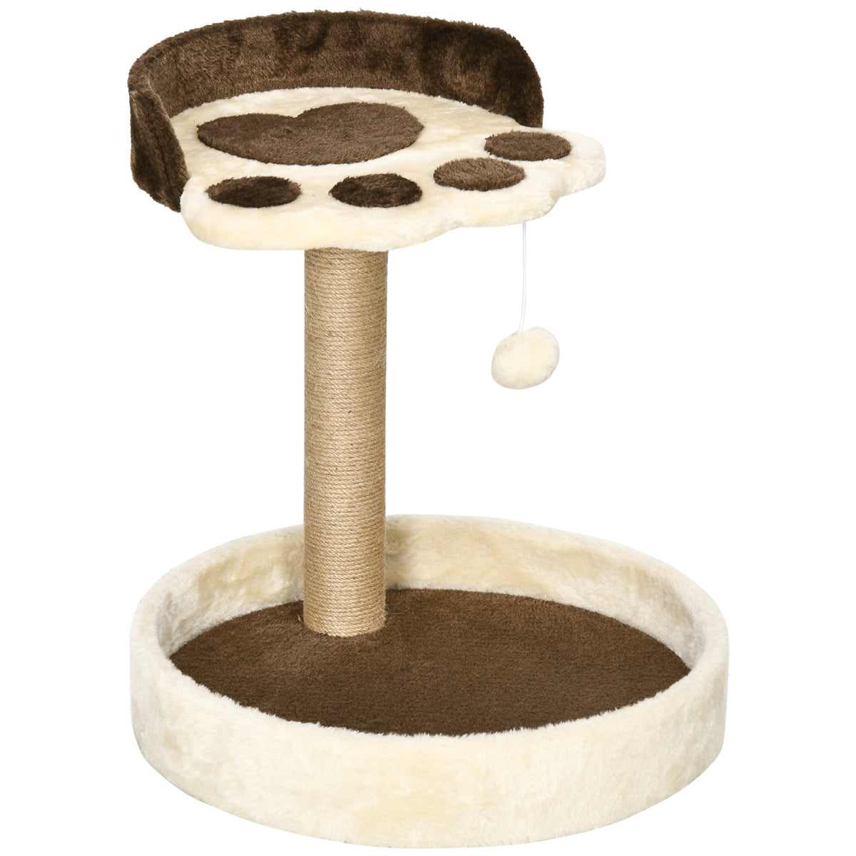 Arbre à chat griffoir grattoir en forme de patte 2 plateformes et un pompon suspendu hauteur 44 cm marron-0
