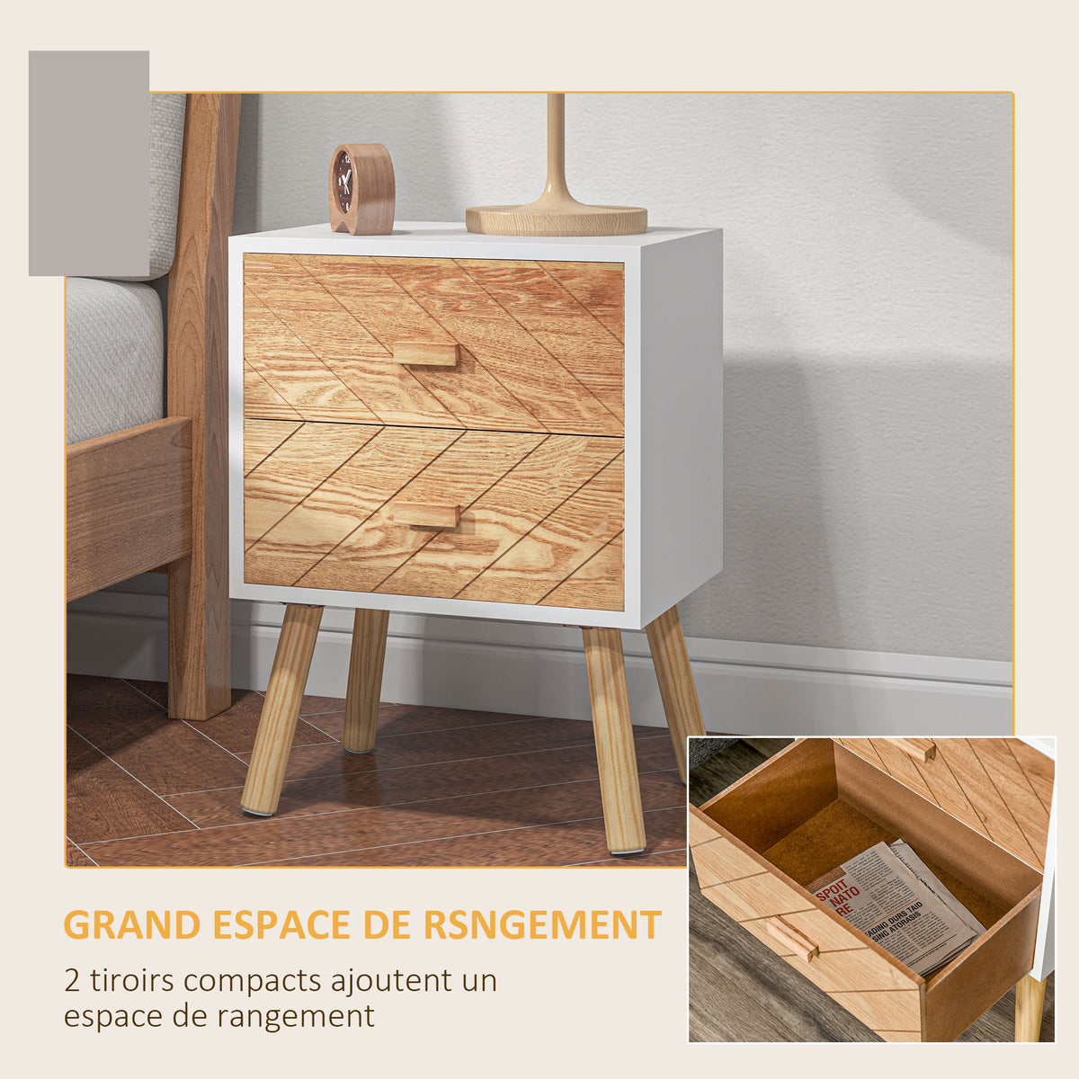 Chevet Table de Nuit Design scandinave 40L x 30l x 56H cm tiroirs Bois Massif pin MDF Blanc et hêtre Motif Graphique-4