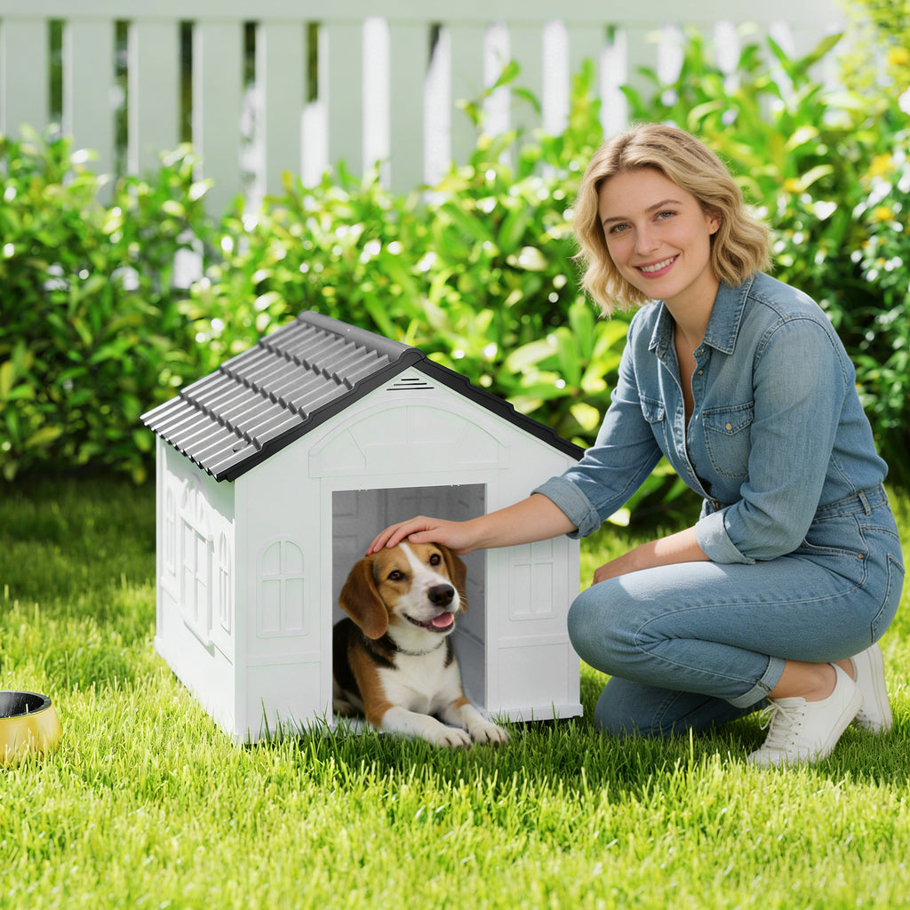 Niche pour Chien Extérieur pour Chiens Moyens et Grands, Maison pour Chien en PP Imperméable avec Toit en Pente, Porte Avant Ouverte et Ouverture d'Aération au-Dessus, 65 x 75,7 x 63 cm, Gris-1