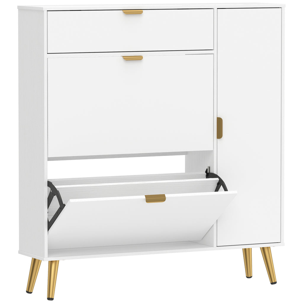 Meuble à chaussures 12 paires, armoire à chaussures, 2 tiroirs rabattables, 4 compartiments, 99,4x23,8x106,6cm, blanc-0