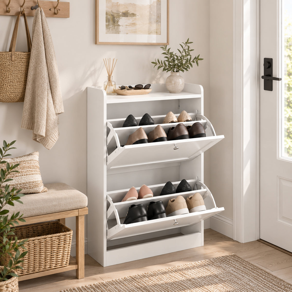 Meuble à Chaussures 10 Paires, Armoire à Chaussures Étroite avec 2 Tiroirs Rabattables, Étagères Réglables, Blanc-8