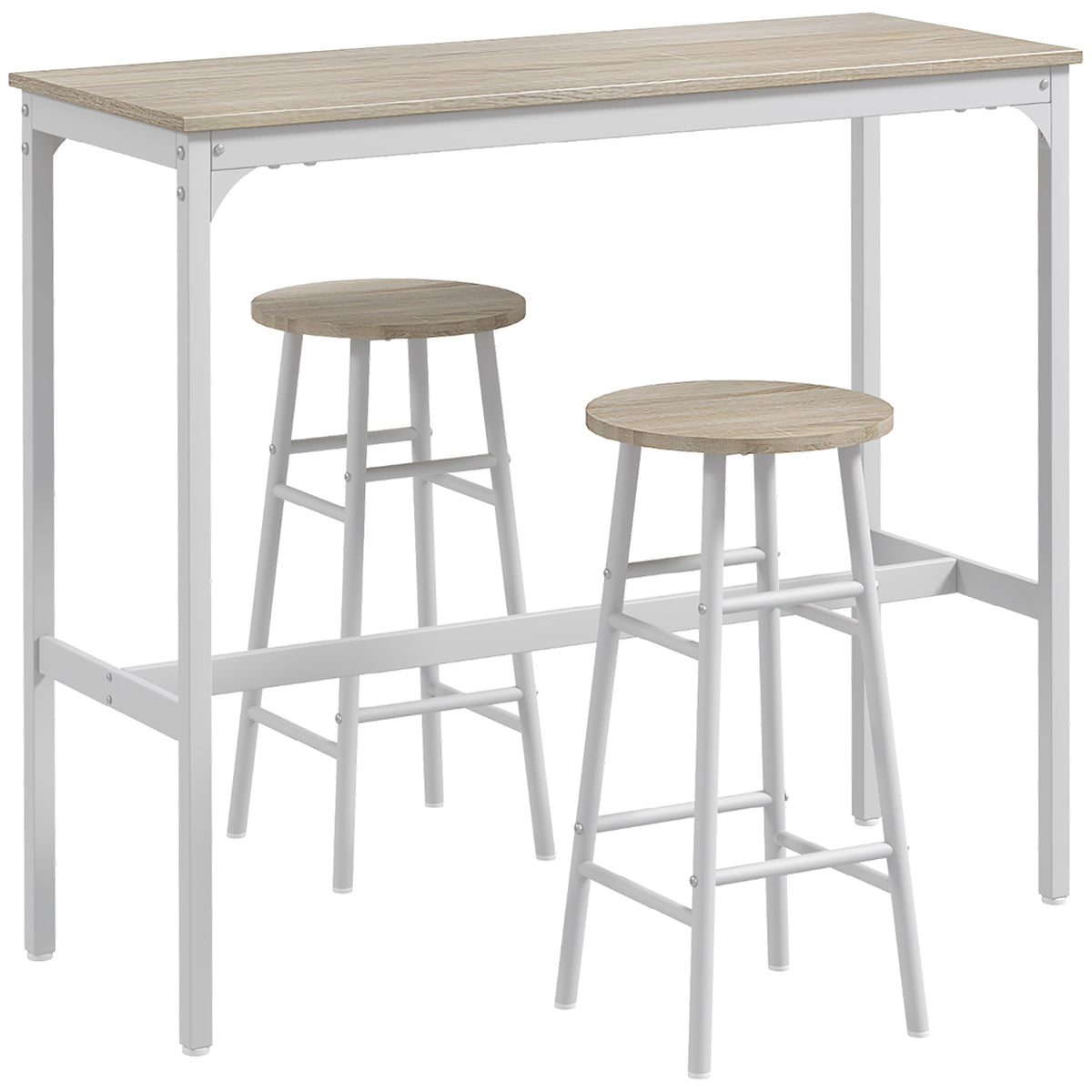 Ensemble table haute de bar + 2 tabourets structure en acier plateau aspect bois naturel 2 personnes blanc-0