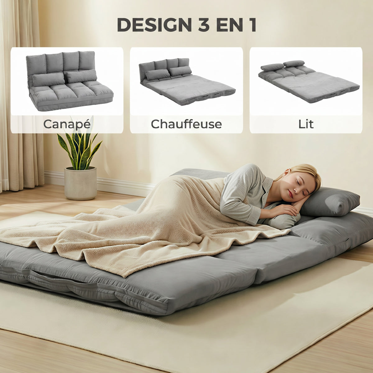Chauffeuse 2 places canapé-lit convertible fauteuil de sol pliable dossier réglable 2 coussins inclus en polyester aspect suédé, pour salon, chambre et bureau, gris-4