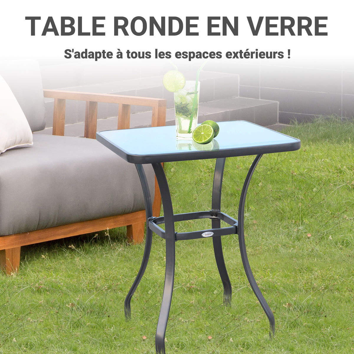 Table carrée Bistro de Jardin dim. 68L x 68l x 84H cm métal époxy Gris Plateau Verre trempé granité-3