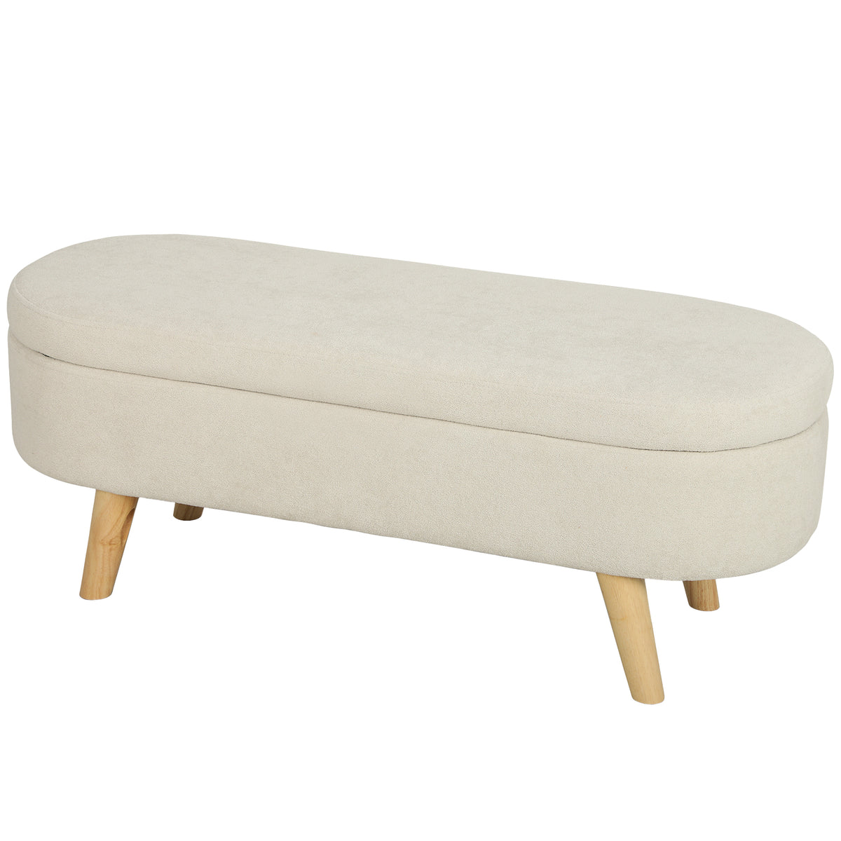 Banc Banquette, Bout de Lit, Coffre de Rangement 2 en 1 en Tissu avec Pieds en Bois, 110L x 40P x 43H cm, Crème-0