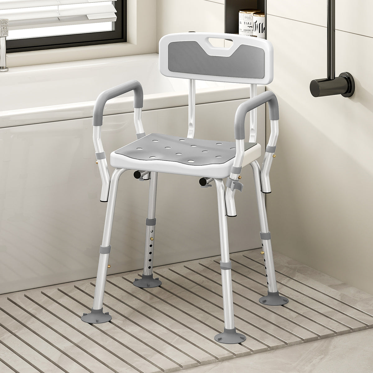 Tabouret de douche chaise de douche ergonomique hauteur réglable pieds antidérapants 56,5 x 53,5 x 87 cm blanc et gris-1