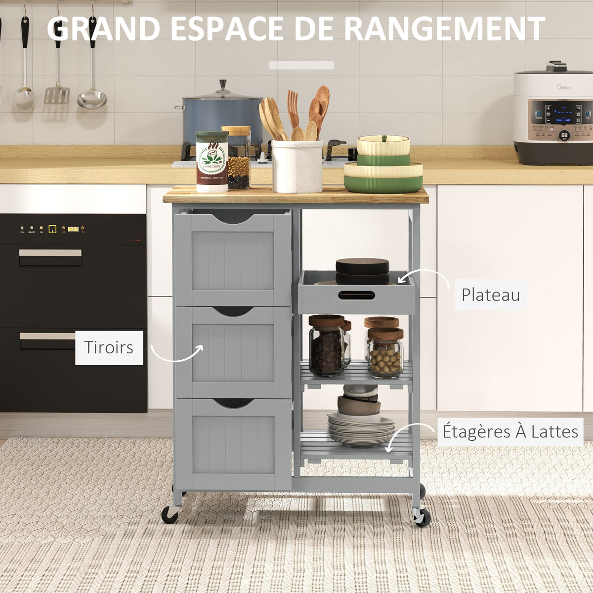 Chariot desserte de cuisine à roulettes plan de travail en bois 3 tiroirs et 1 plateau amovible 67 x 37 x 85,5 cm gris-3