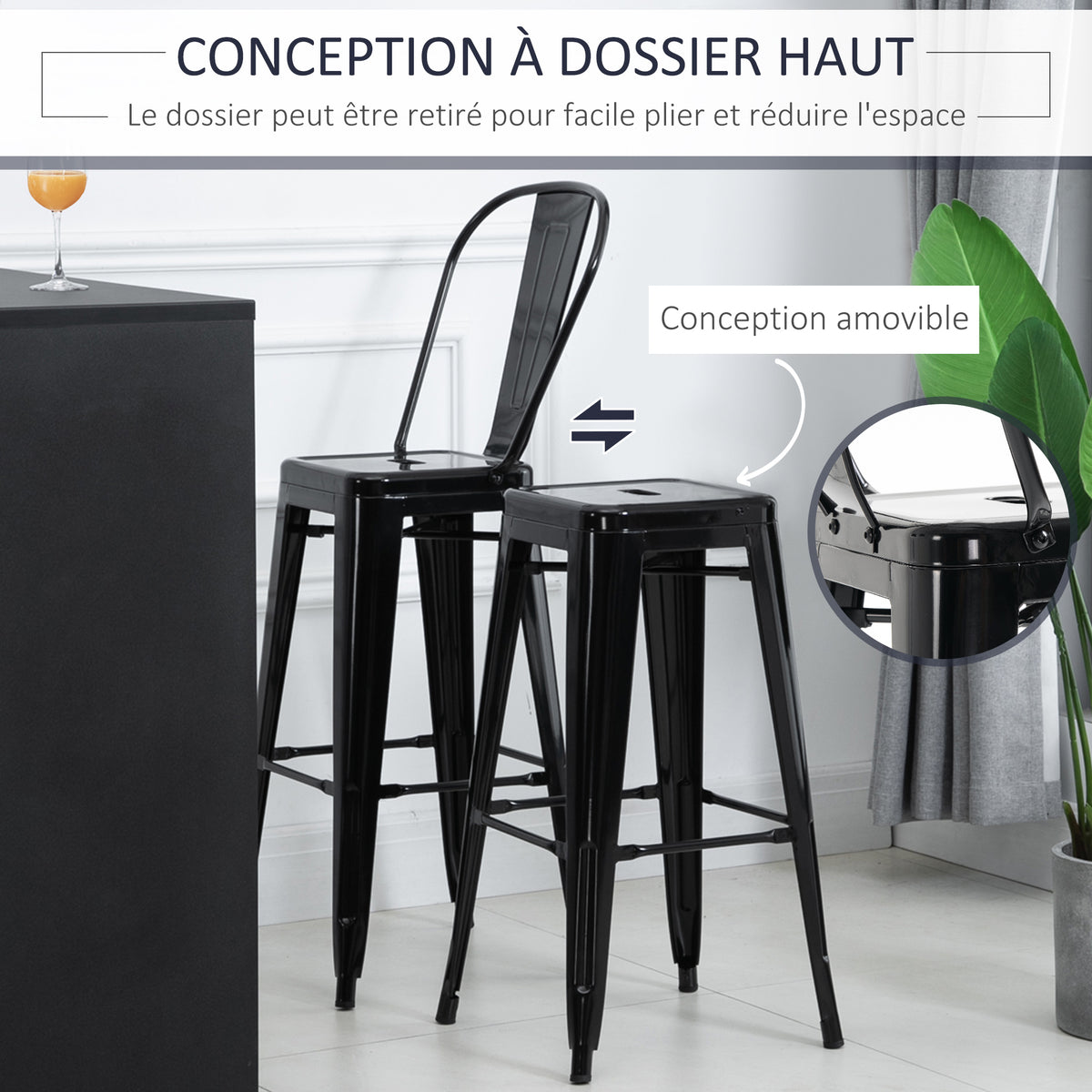 Lot de 4 tabourets de Bar Empilable Chaise de Bar Industriel avec Dossier Repose-Pied Hauteur d'Assise 76 cm métal Noir-3