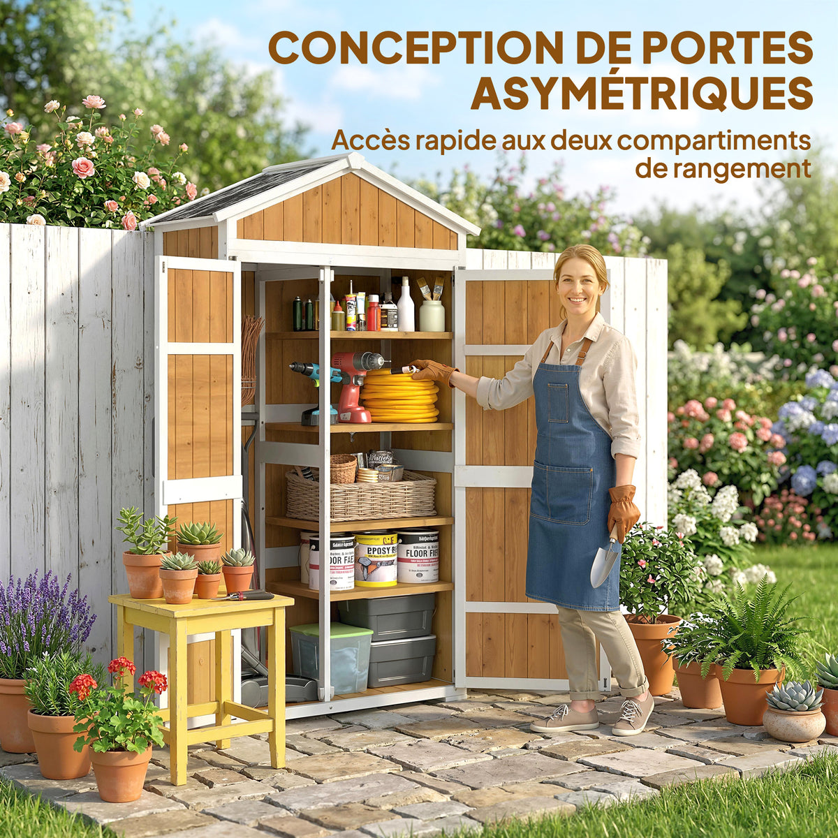 Armoire de Jardin Abri de Jardin Étanche avec Toit en Métal Double Porte pour Outils de Jardinage 105x55x179cm Naturel-4