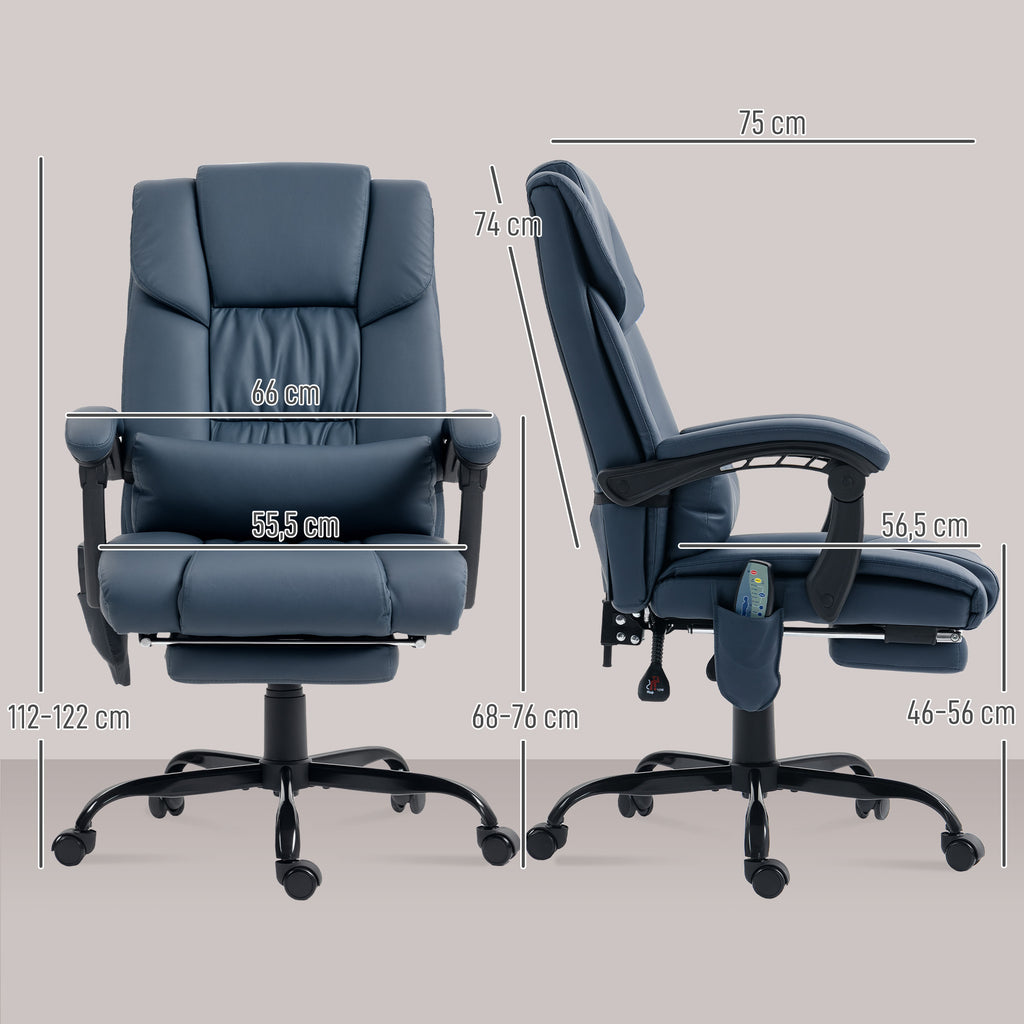 Fauteuil de bureau massant, repose-pied, hauteur réglable, dossier inclinable, télécommande filaire, 66x75x122cm, bleu-2
