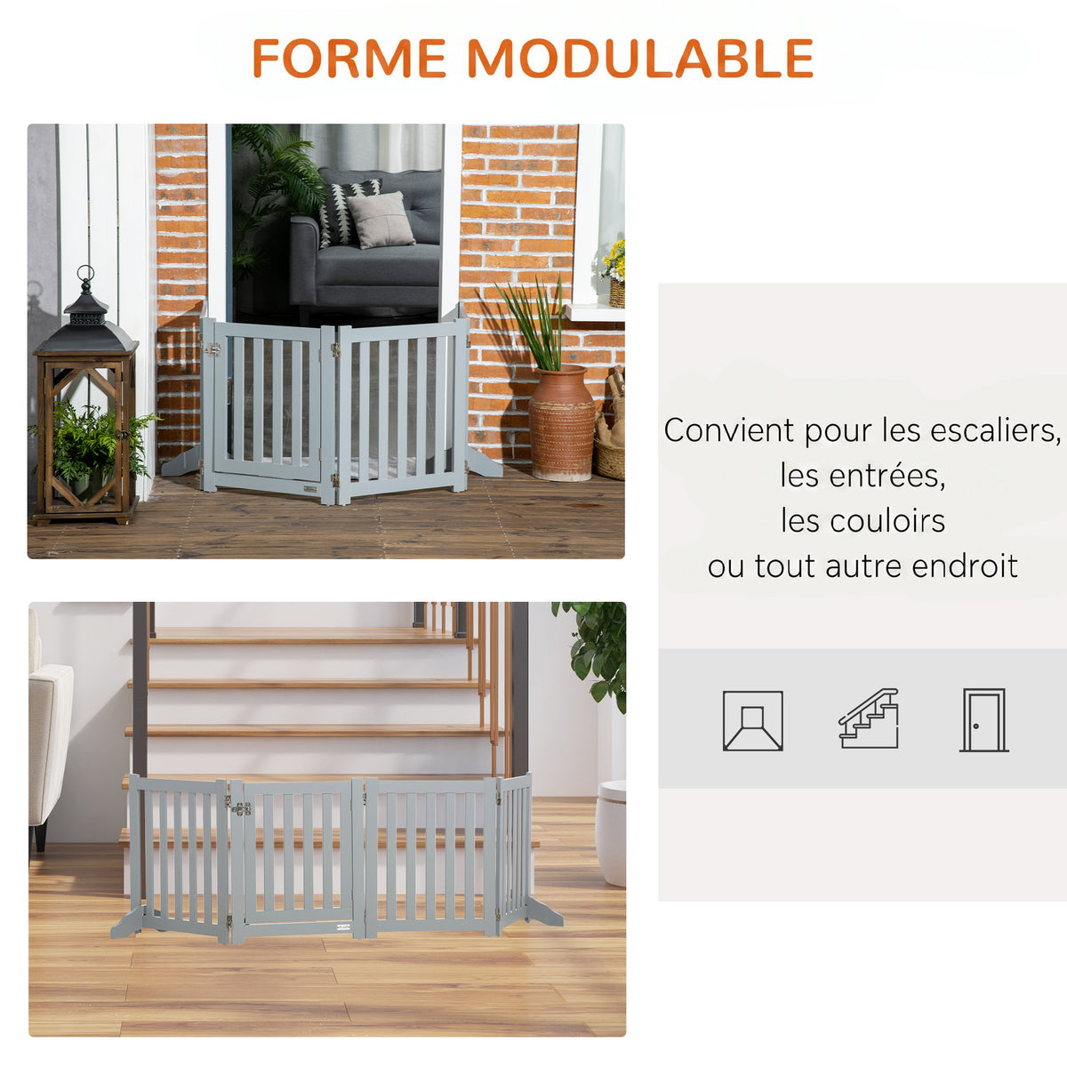 Barrière de Sécurité Chien Pliable Double Face en Bois, 4 Panneaux avec Porte, Pieds de Support, 205 x 60 cm, Gris-4