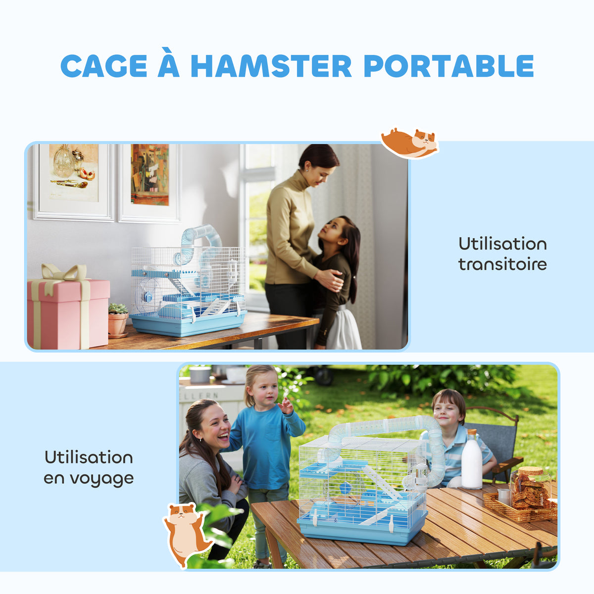 Cage pour hamster portable avec cabane, roue de course, gamelle, bouteille d'eau, 47,5 x 31,5 x 29,5 cm, bleu clair-3