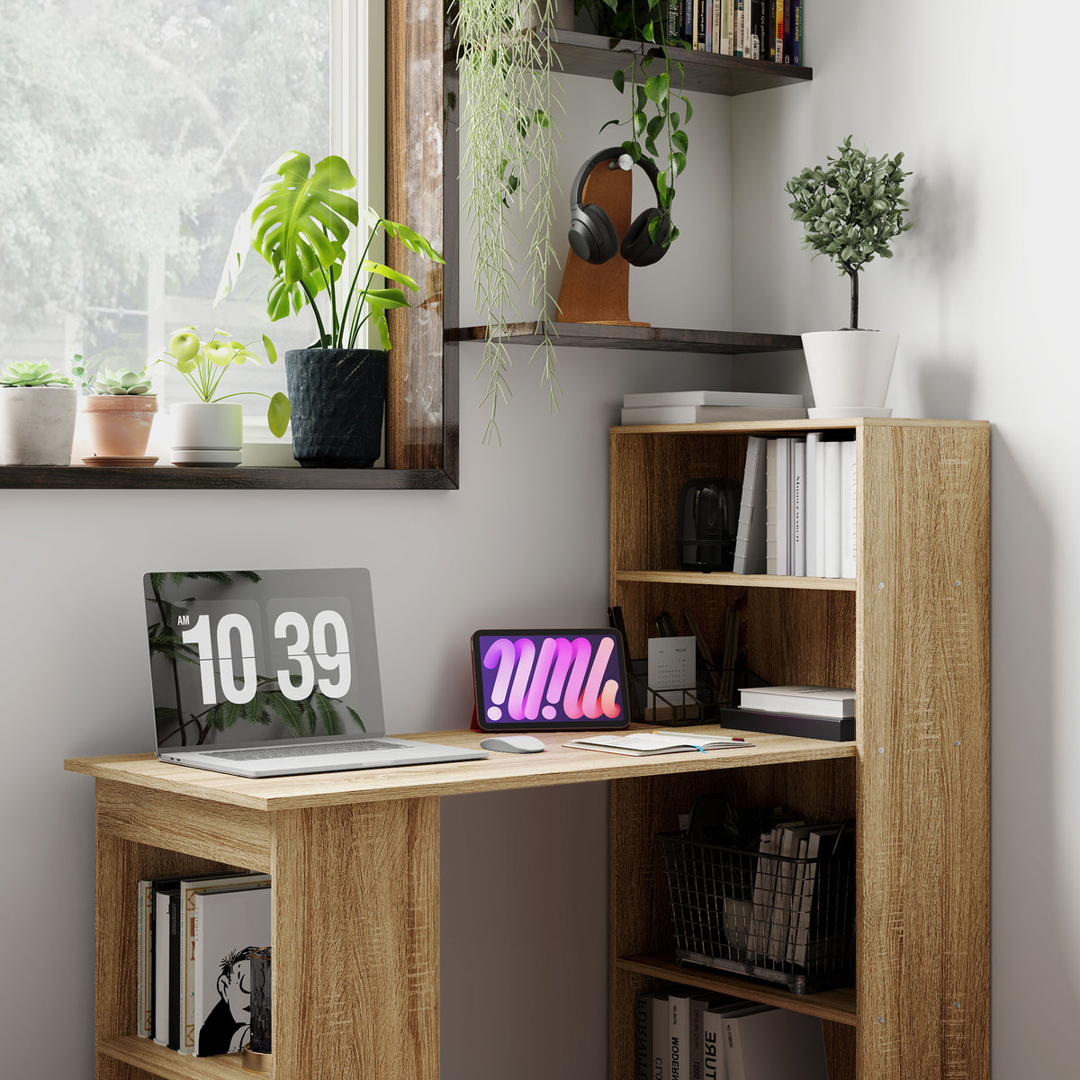Bureau Informatique avec étagère de rangement Bureau d'angle bibliothèque adjacente Multi-rangements Chêne-7