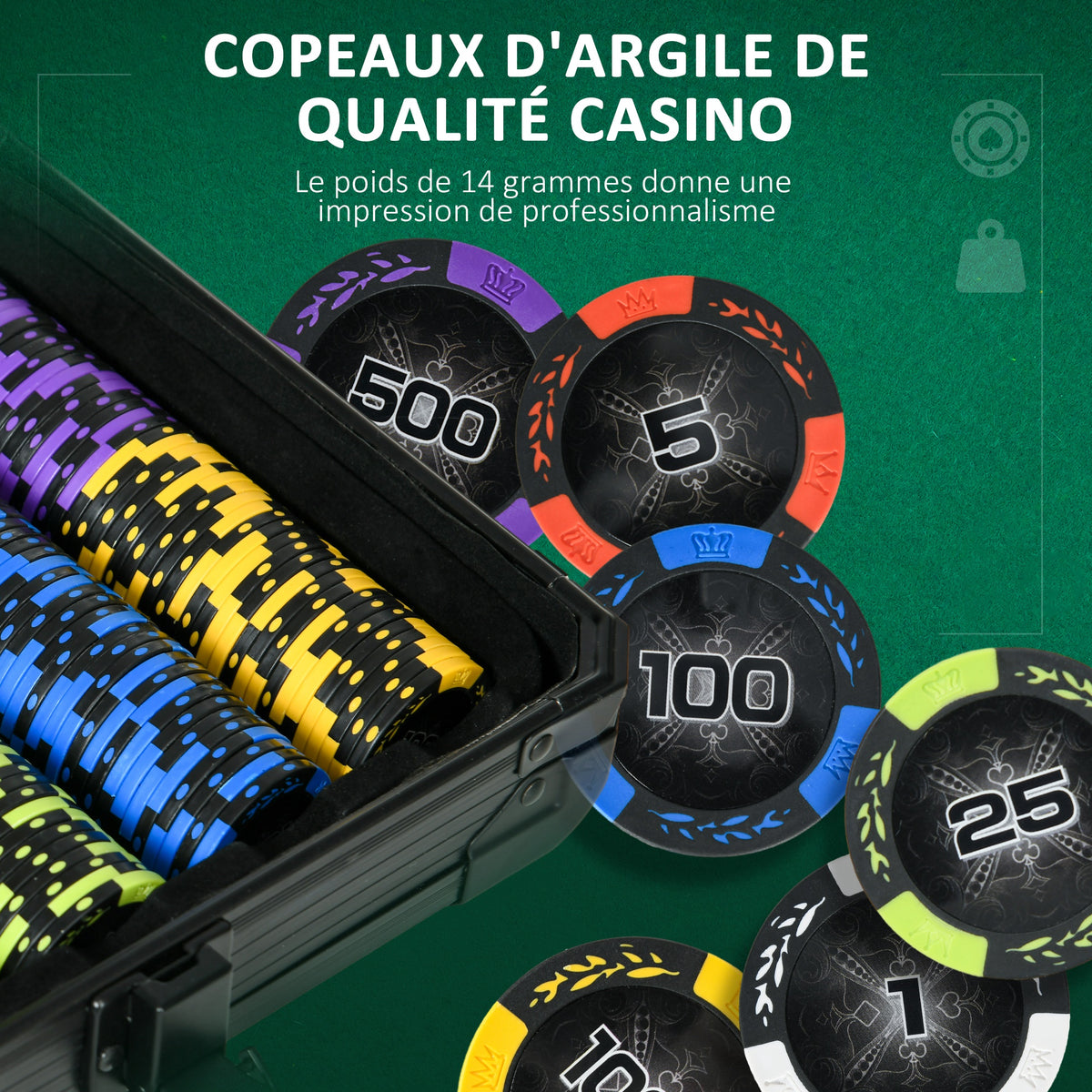 Mallette de Poker Coffret de Poker Complet, avec 500 jetons 5 dés 2 Jeux de Cartes 3 boutons-4