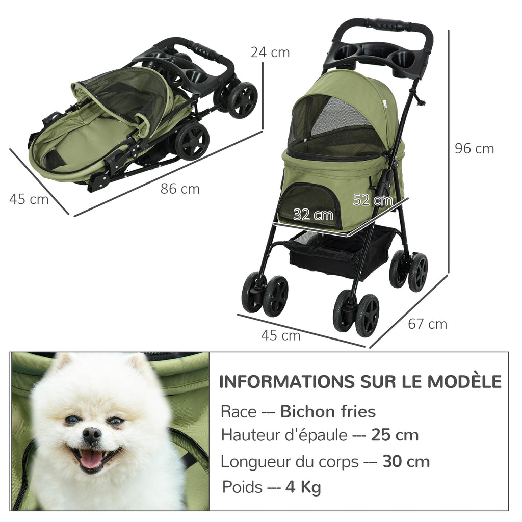 Poussette buggy pliable chien chat panier rangement porte-gobelets tissu 300D Oxford imperméable 4 roues vert-2