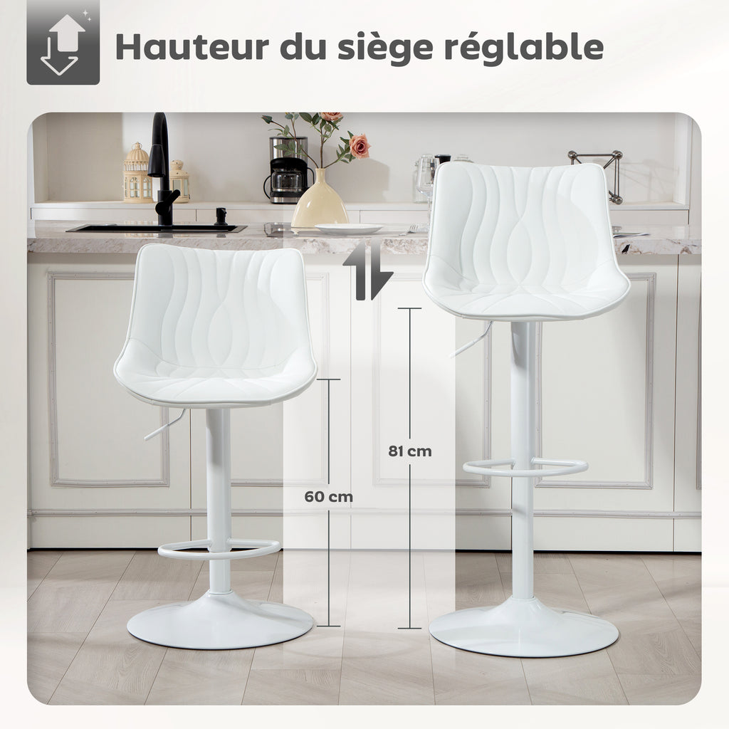 Lot de 2 tabourets de bar, chaises de bar structure en acier hauteur réglable 92-110 cm, dossier repose-pieds blanc-6