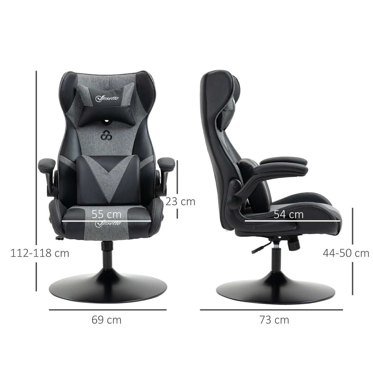 Chaise de gaming ergonomique avec base ronde hauteur réglable accoudoir relevable coussins tétière et lombaires PU gris noir-2