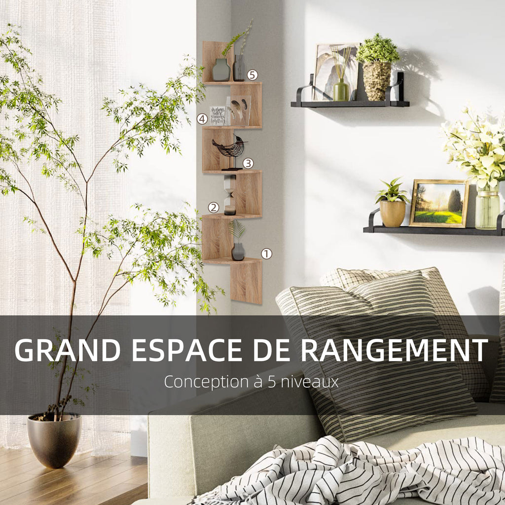 Étagère d'angle Murale de Rangement Forme Zigzag 20L x 20l x 126H cm 5 Niveaux Bois chêne Clair-4
