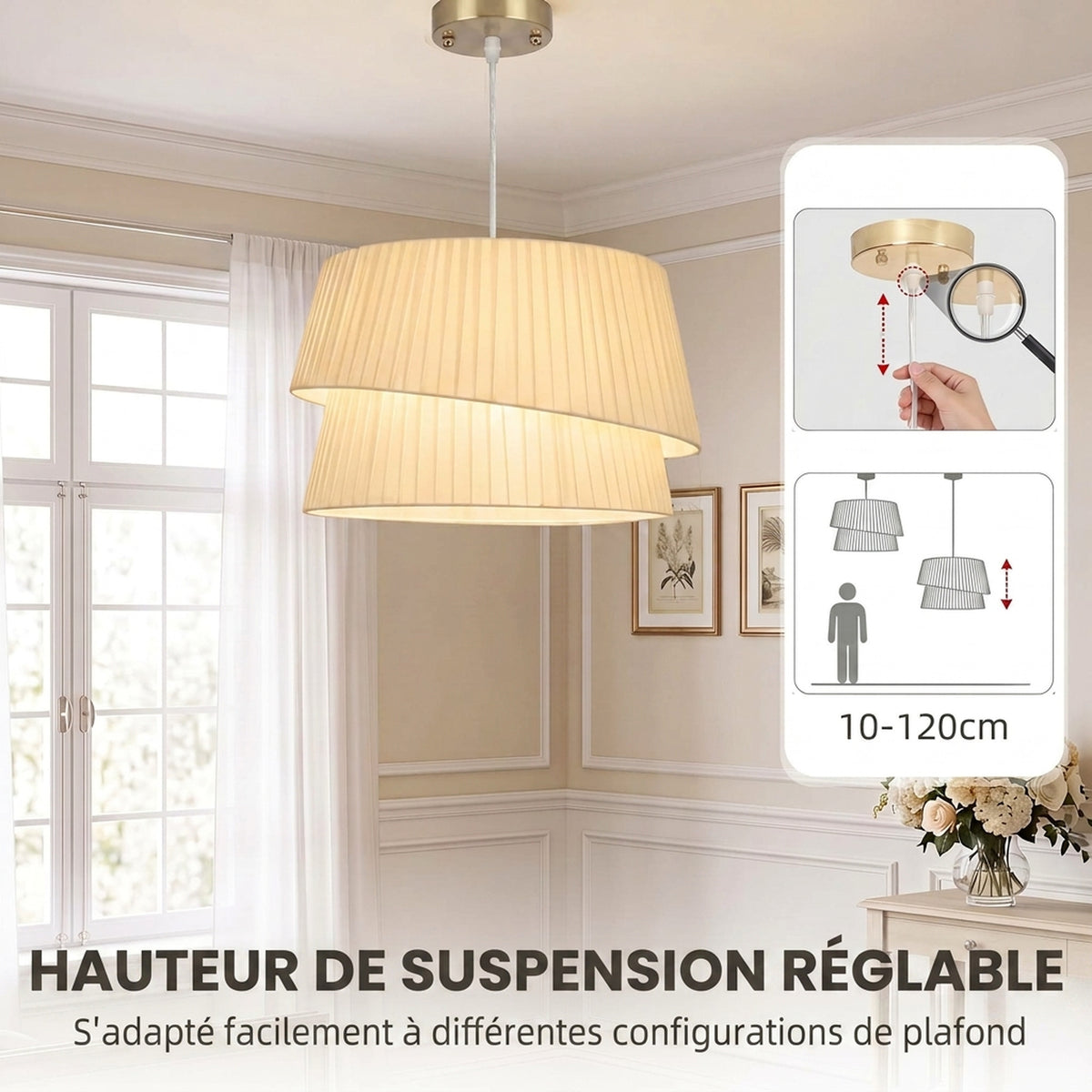 Suspension Luminaire Élégante à Double Abat-Jour, Rosace Dorée, Câble Réglable, Ampoule Non Incluse E14 40 W, Blanc-5