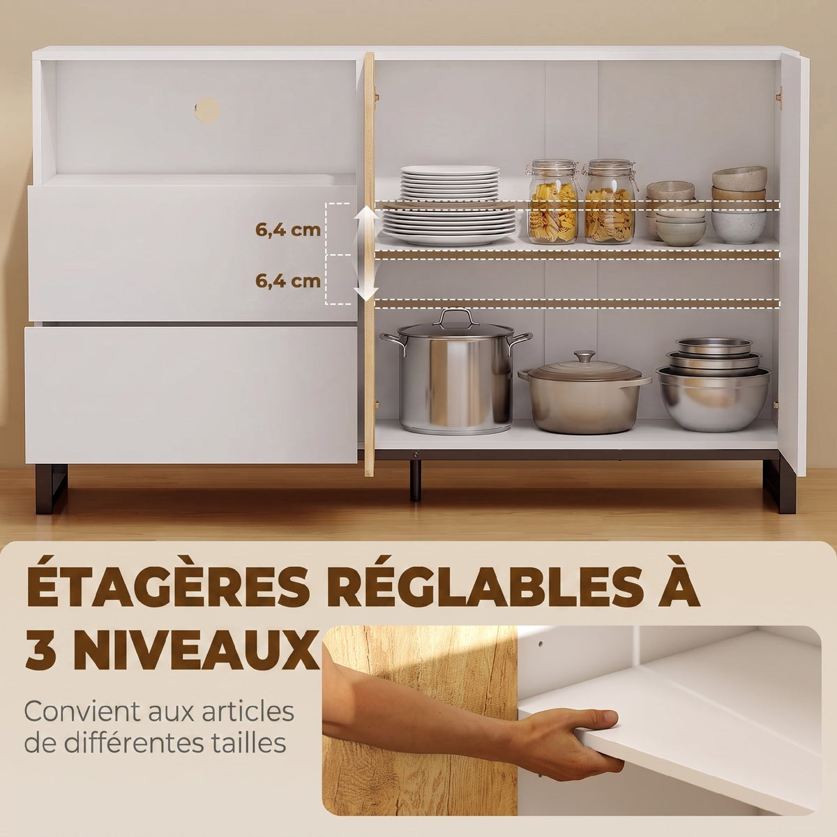 Buffet salon, meuble de rangement avec 2 portes à fermeture douce, 2 tiroirs et étagère réglable, blanc et chêne-5