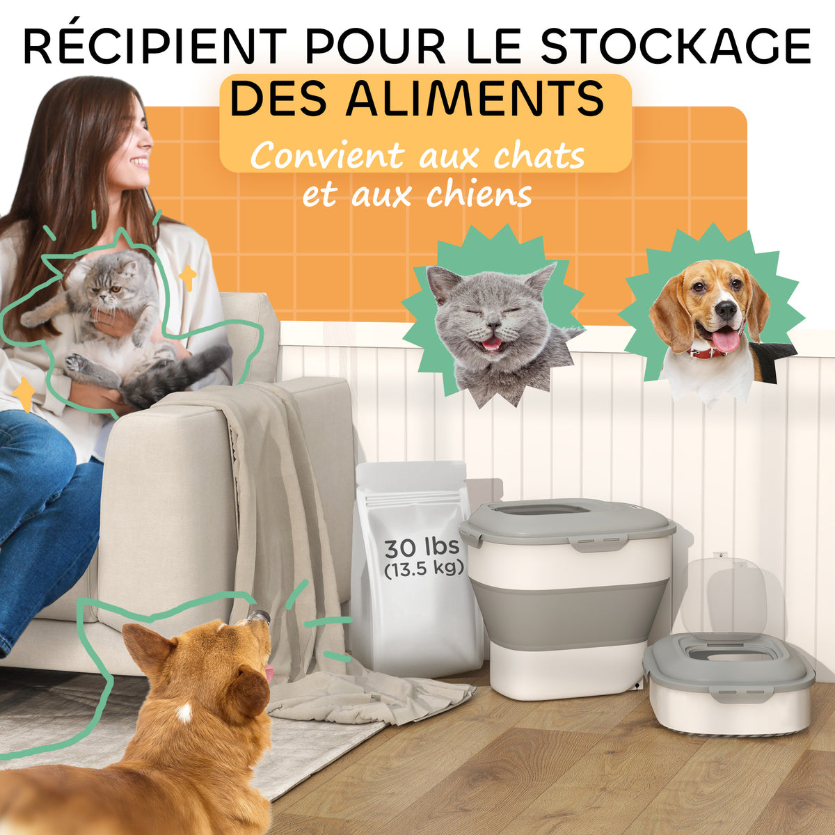 Conteneur à croquettes pour chien pliable 25L rangement hermétique couvercles hermétiques roulettes 44 x 32 x 37 cm gris-3