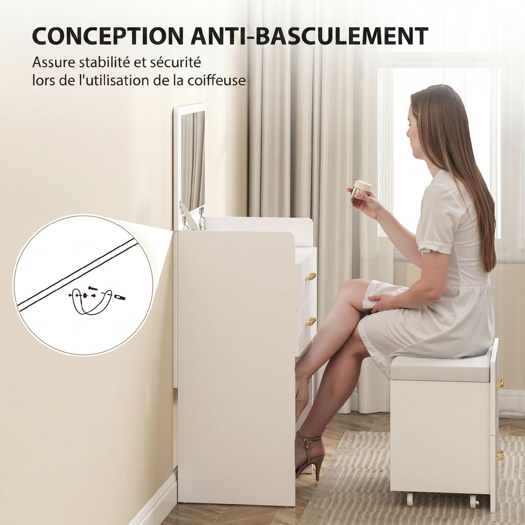 Coiffeuse avec miroir et tabouret 3 en 1, 3 tiroirs et plateau en verre visible, coussin rembourré, 48 x 40 x 90 cm, blanc-6