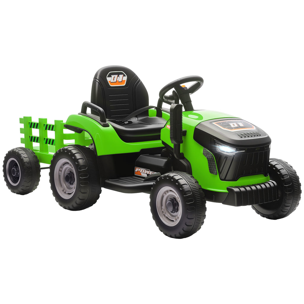 Tracteur électrique enfants avec remorque amovible, voiture électrique enfants, télécommande 2,4G, 139x58x55cm, vert-0