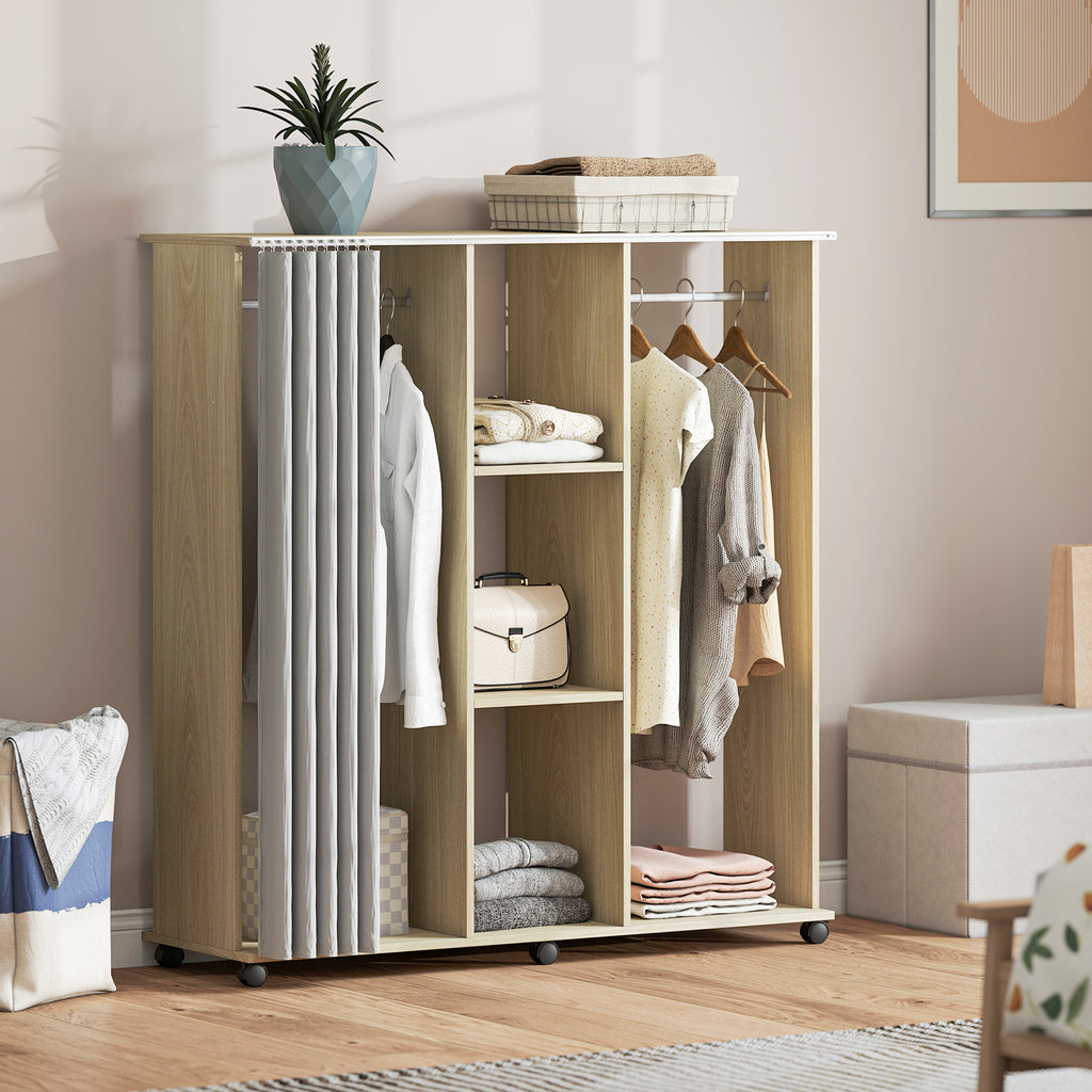 Armoire penderie Meuble de Rangement Mobile 6 roulettes 120L x 40l x 128H cm en bois naturel-1