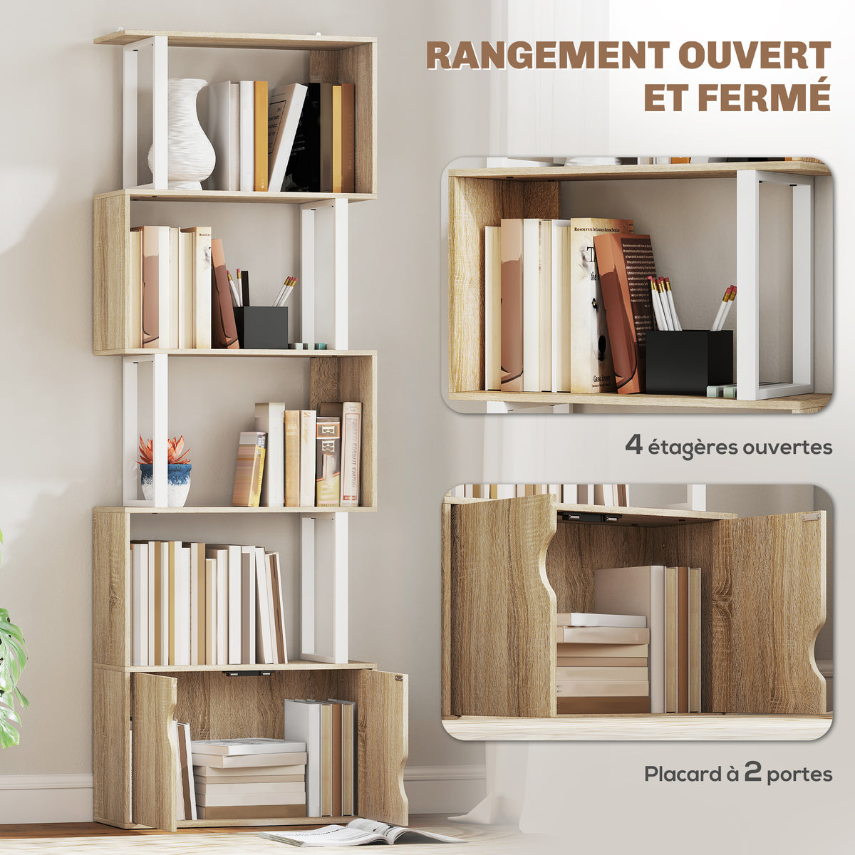 Bibliothèque à 5 niveaux, meuble de rangement avec étagères et placard double porte, 60 x 23,8 x 179,2 cm, bois naturel-3
