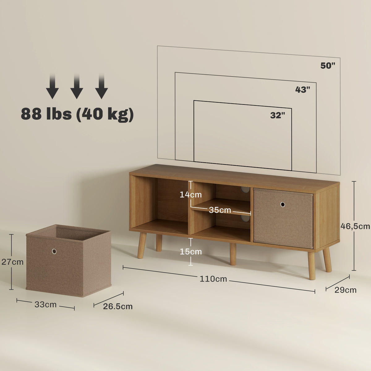 Meuble TV bas sur pieds style contemporain avec 2 tiroirs en tissu dim. 110L x 29l x 46,5H cm - passe-câbles - MDF-2