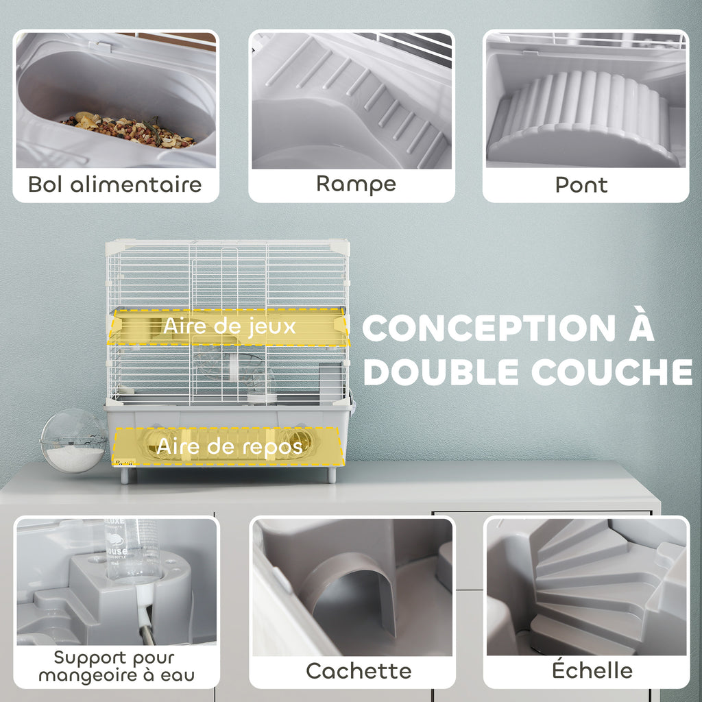 Cage pour hamster  à 2 niveaux avec roue de course salle de bain en sable pour hamster nain 44,5 x 28 x 44 cm gris-3