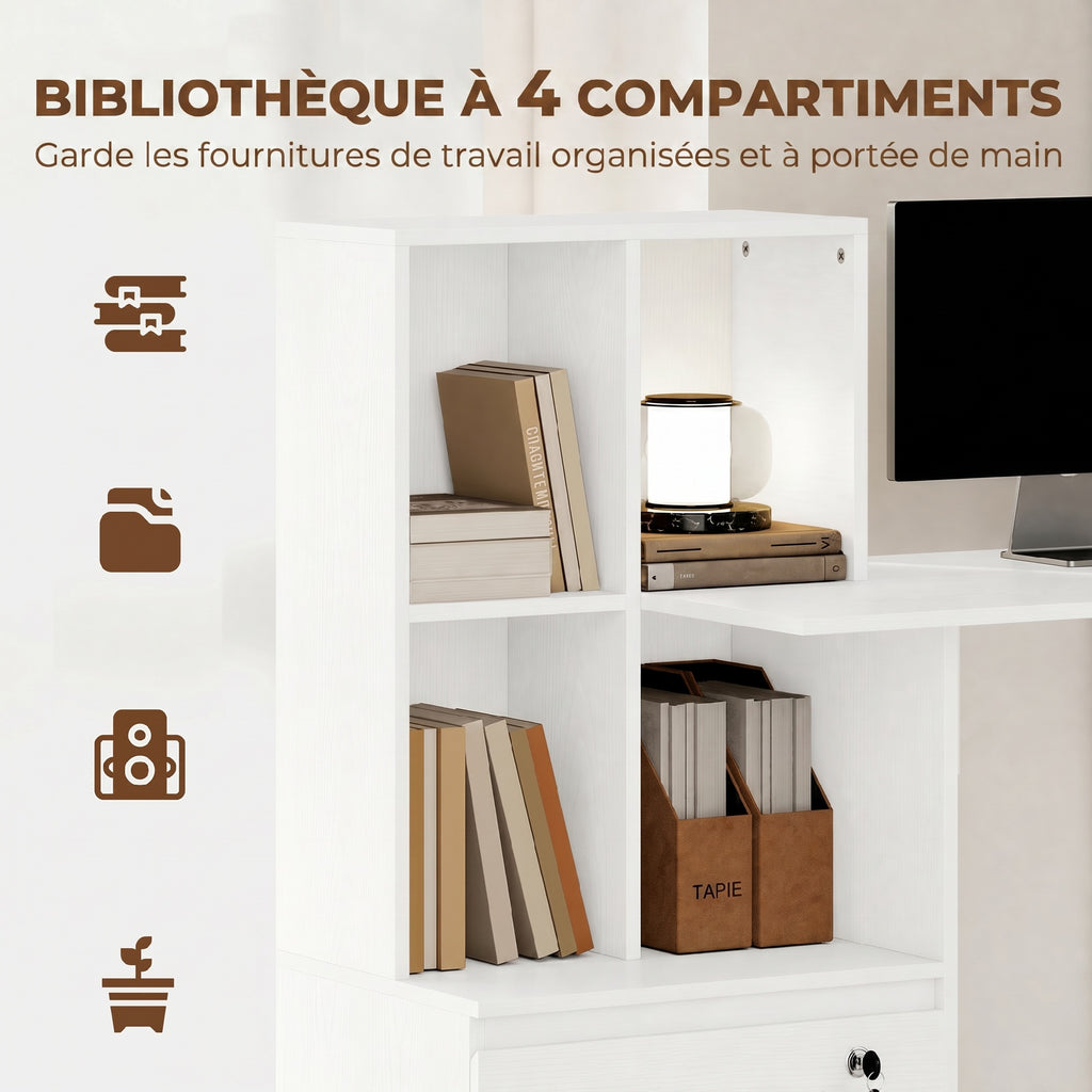 Bureau d'ordinateur avec bibliothèque 4 compartiments et tiroir verrouillable, 126 x 50 x 109 cm, grain de bois blanc-3