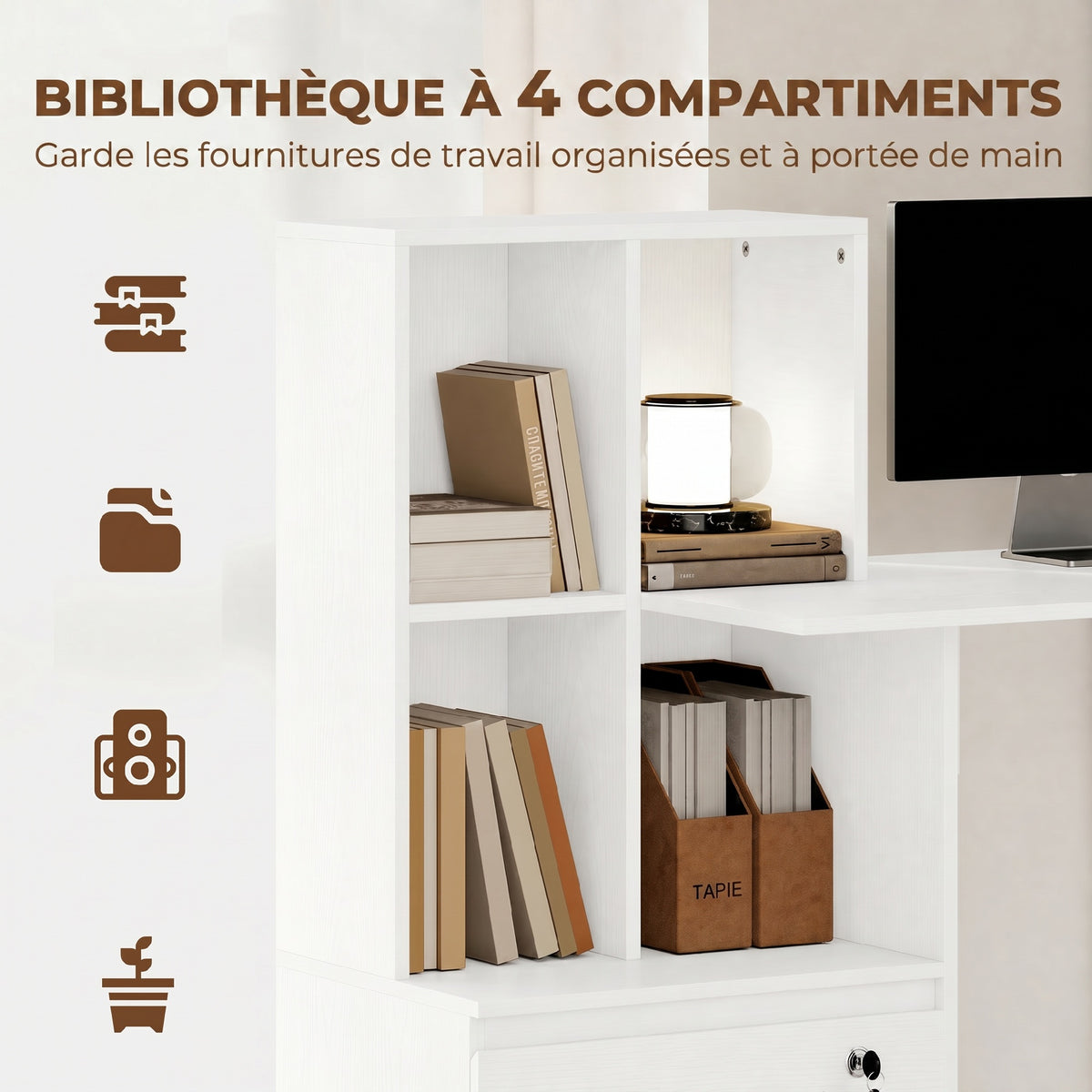 Bureau d'ordinateur avec bibliothèque 4 compartiments et tiroir verrouillable, 126 x 50 x 109 cm, grain de bois blanc-3