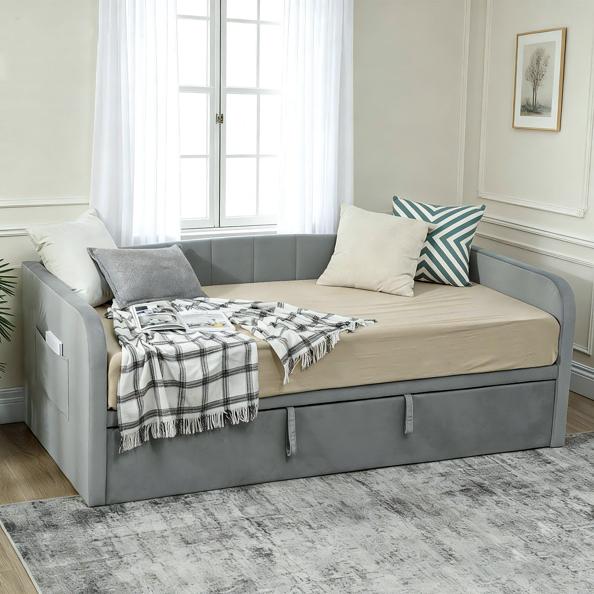 Lit Gigogne 90/180x190 cm, Canapé Lit Convertible 3 Places, Sommier à Lattes en Bois, Tête Rembourrée en Velours, Gris-7